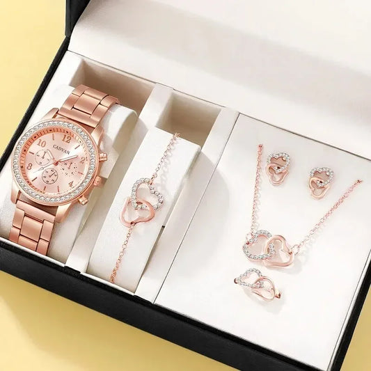 6PCS Rose Gold Luxury Watch & Jewellery Set – Women’s Wristwatch, Ring, Necklace & Earring Set